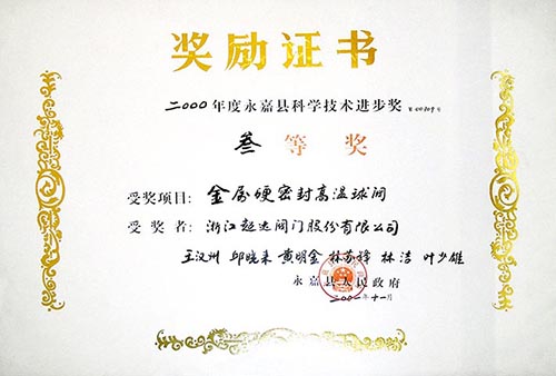 永嘉縣科學(xué)技術(shù)進步三等獎-金屬硬密封高溫球閥
